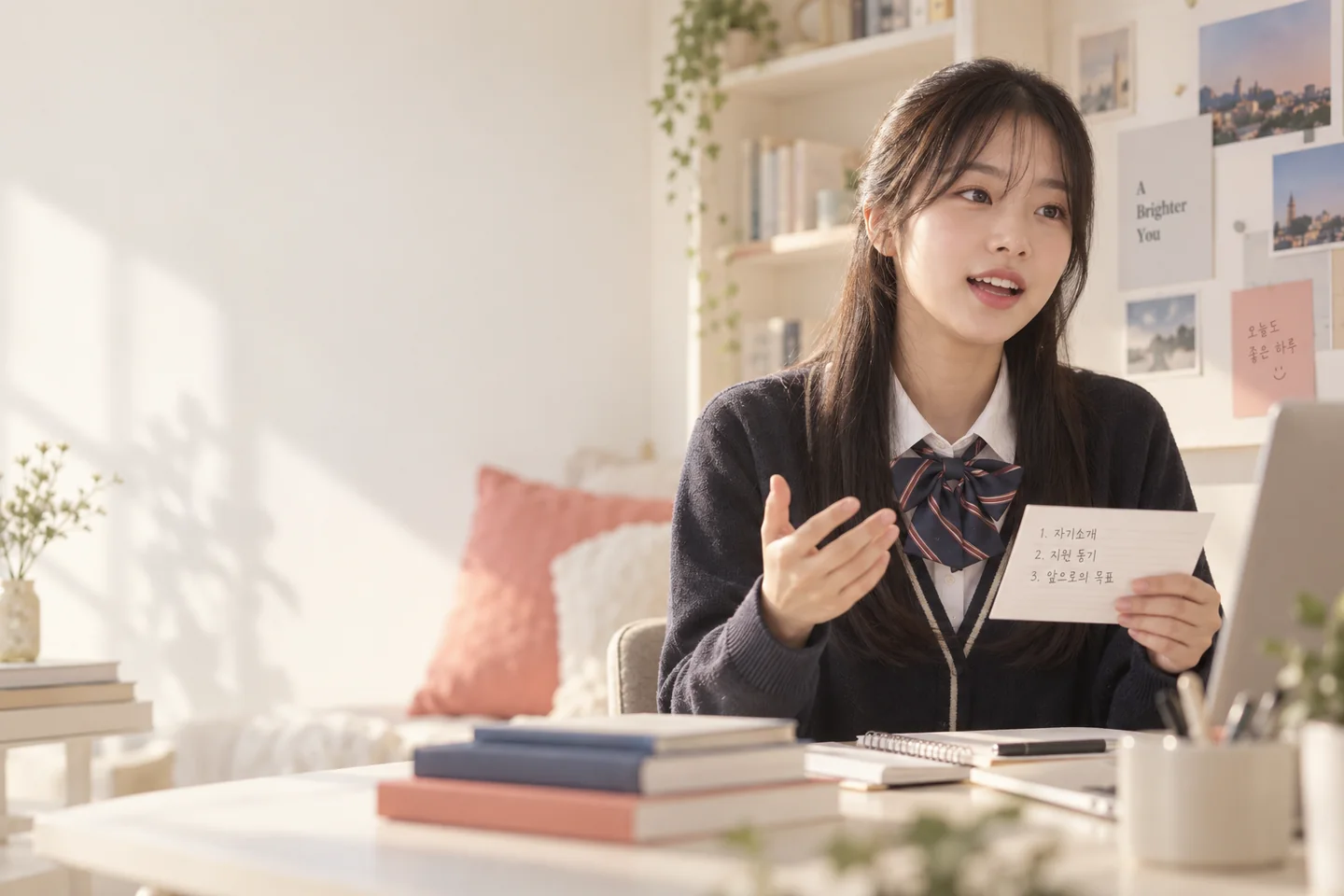 학생이 자신의 경험을 바탕으로 면접 답변을 연습하는 모습
