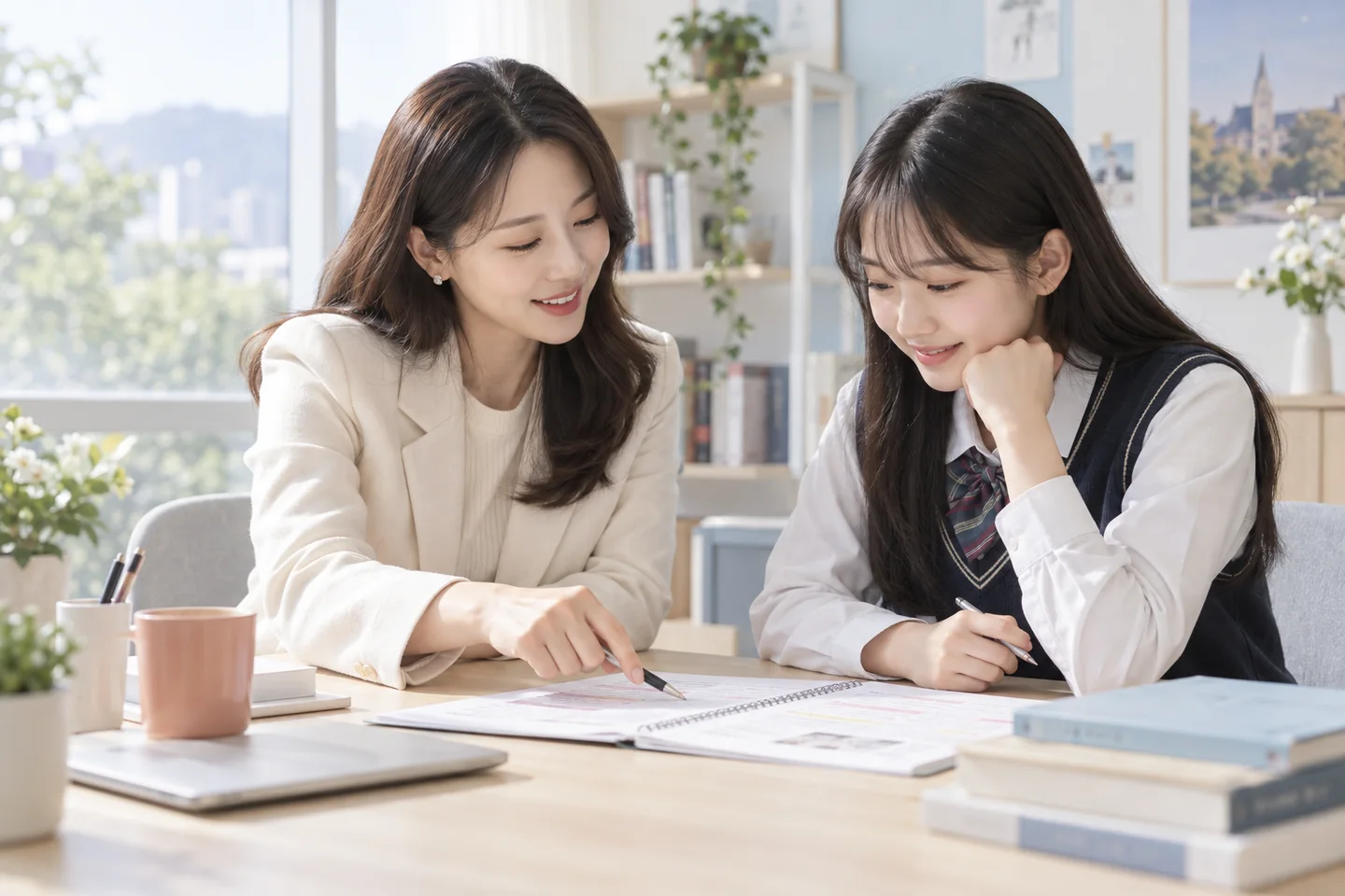 교사와 학생이 면접 답변의 근거를 함께 검토하는 모습