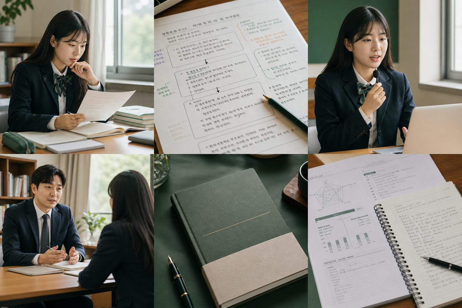 교육 활동 자료를 검토하고 발표를 준비하는 학생